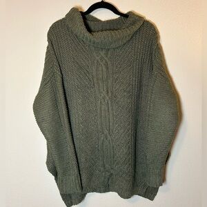 Lands End W Medium CableKnit Baggy Green Cowlneck Fisherman Boyfriend Sweater